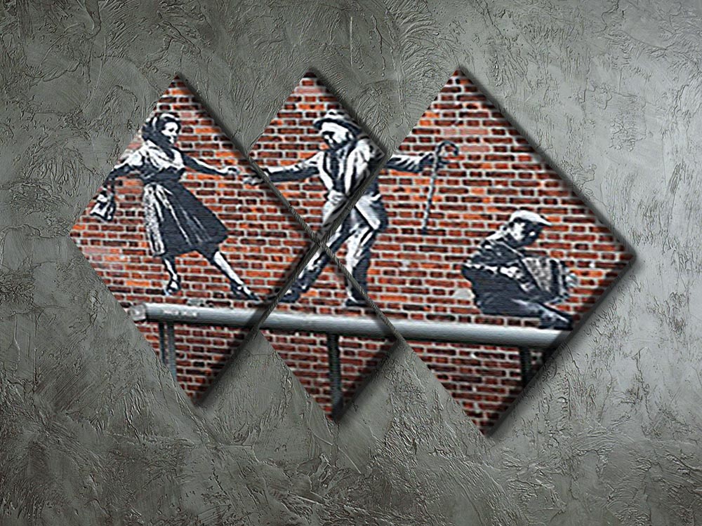 Banksy Couple Dancing 4 Square Multi Panel Canvas artwork featuring four panels of vibrant street art depicting a couple dancing.