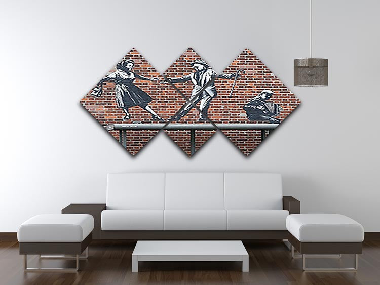 Banksy Couple Dancing 4 Square Multi Panel Canvas artwork featuring four panels of vibrant street art depicting a couple dancing.