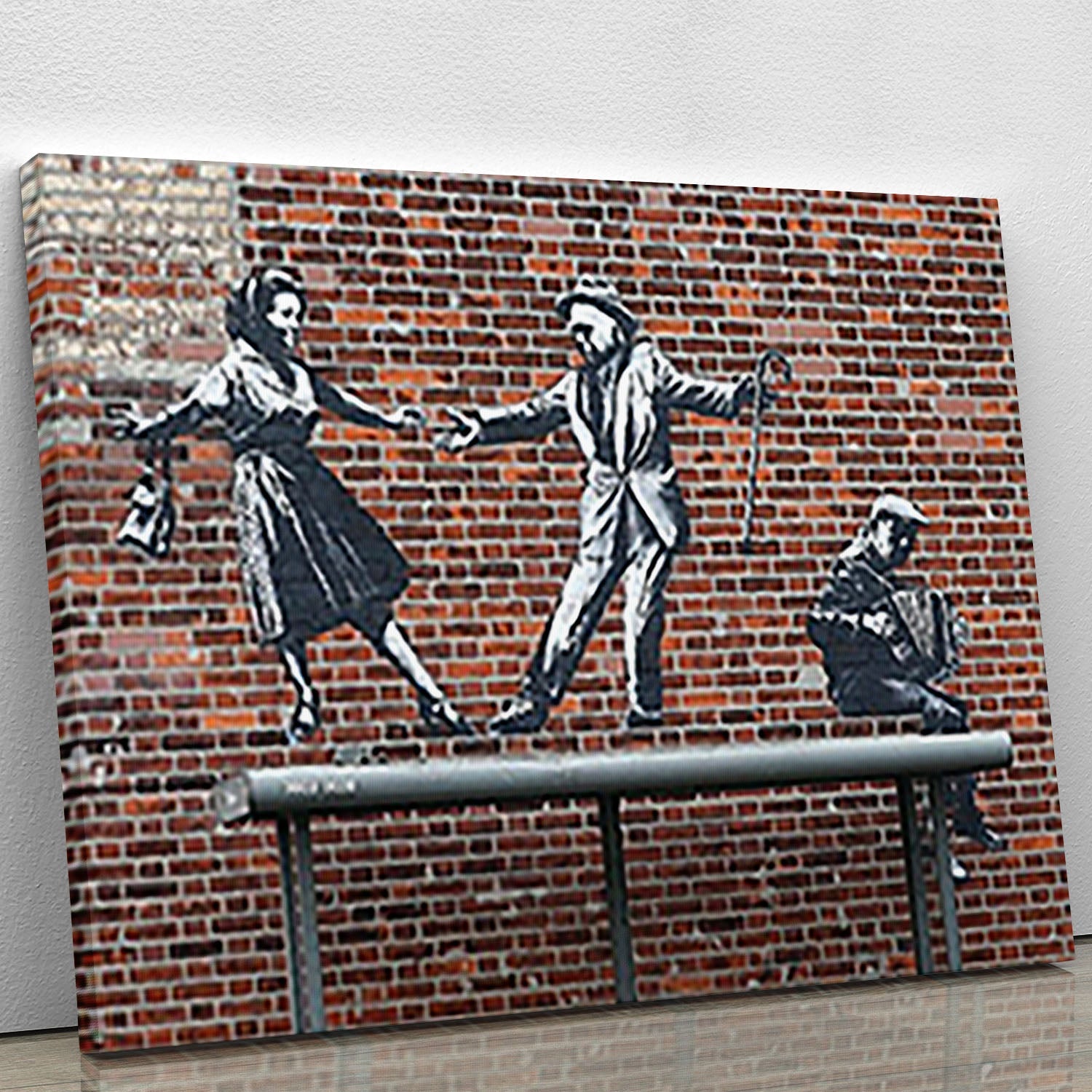 Banksy Couple Dancing canvas print showcasing a couple in a joyful dance, perfect for modern home decor.