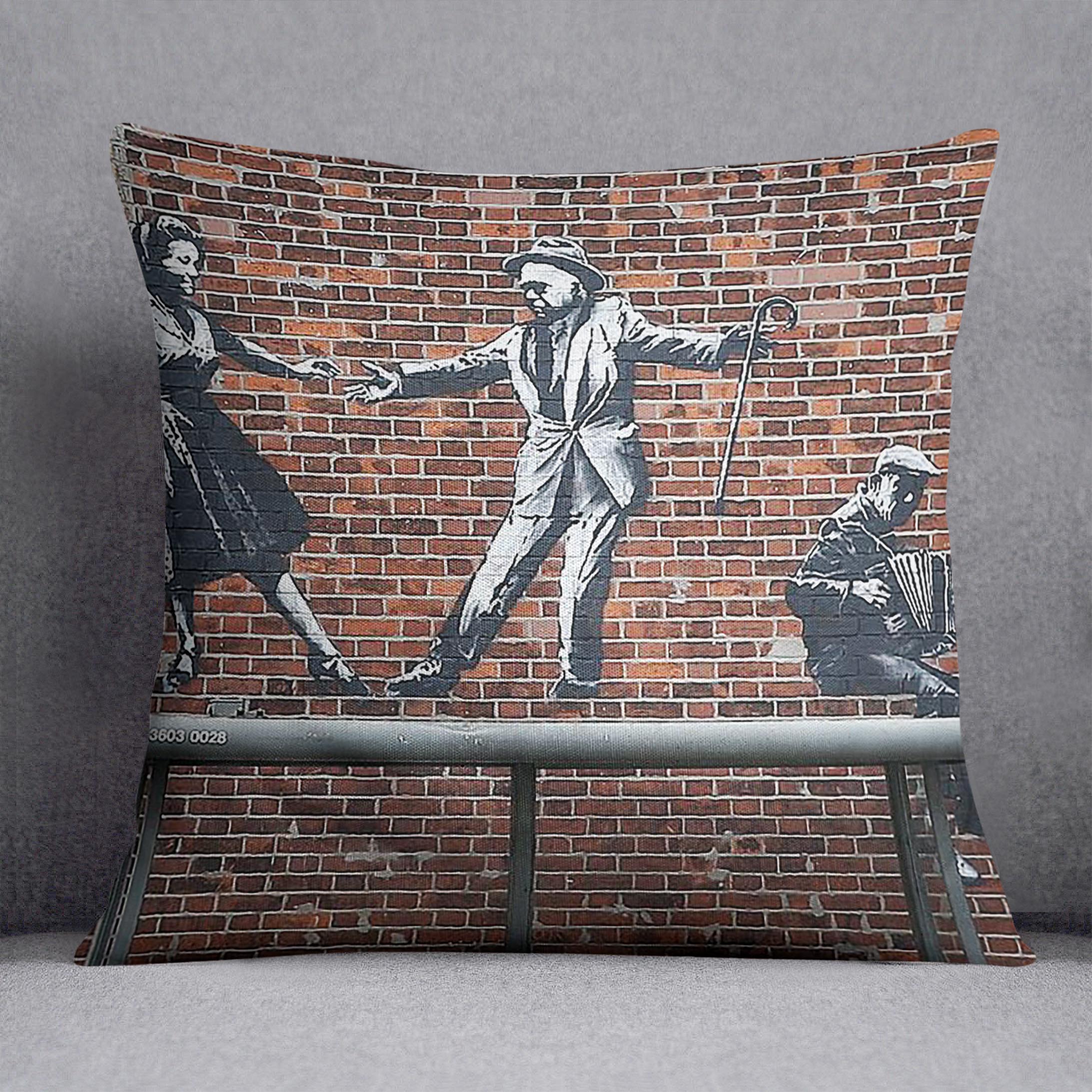 Banksy Couple Dancing Cushion featuring vibrant abstract design on luxurious vegan faux suede fabric.