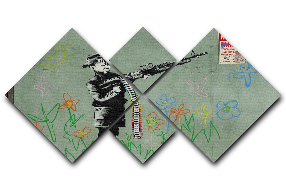 Banksy Crayon Child Soldier 4 Square Multi Panel Canvas artwork featuring four panels with vibrant colors and a thought-provoking design.