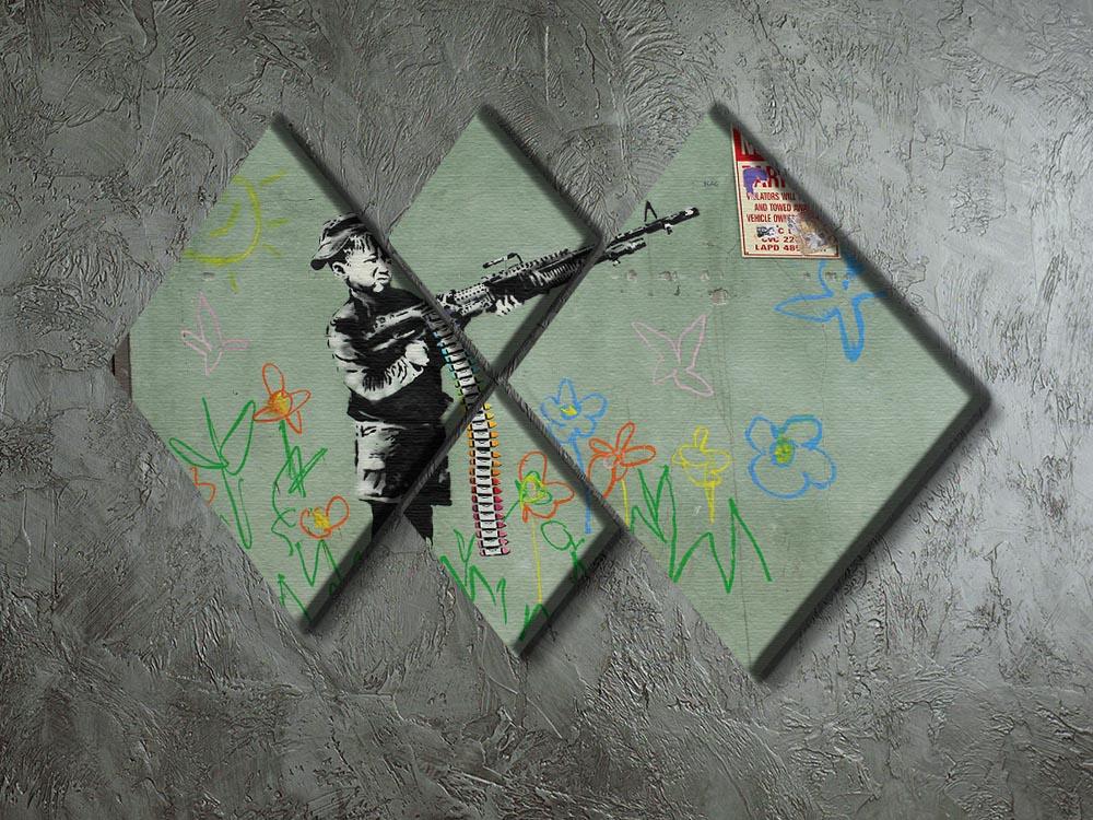 Banksy Crayon Child Soldier 4 Square Multi Panel Canvas artwork featuring four panels with vibrant colors and a thought-provoking design.