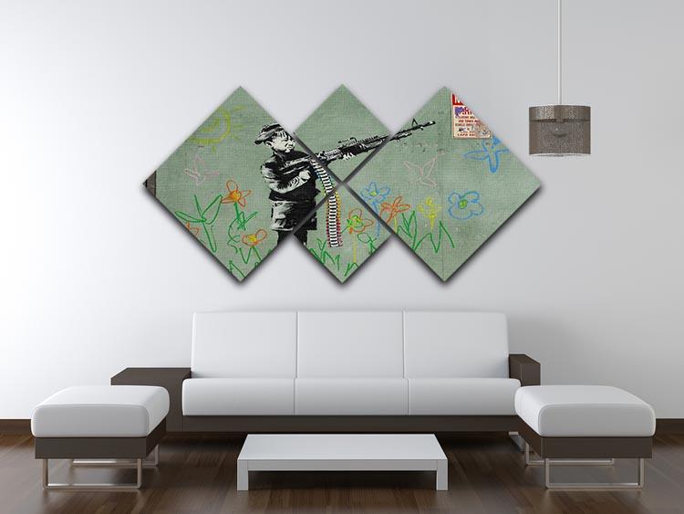 Banksy Crayon Child Soldier 4 Square Multi Panel Canvas artwork featuring four panels with vibrant colors and a thought-provoking design.