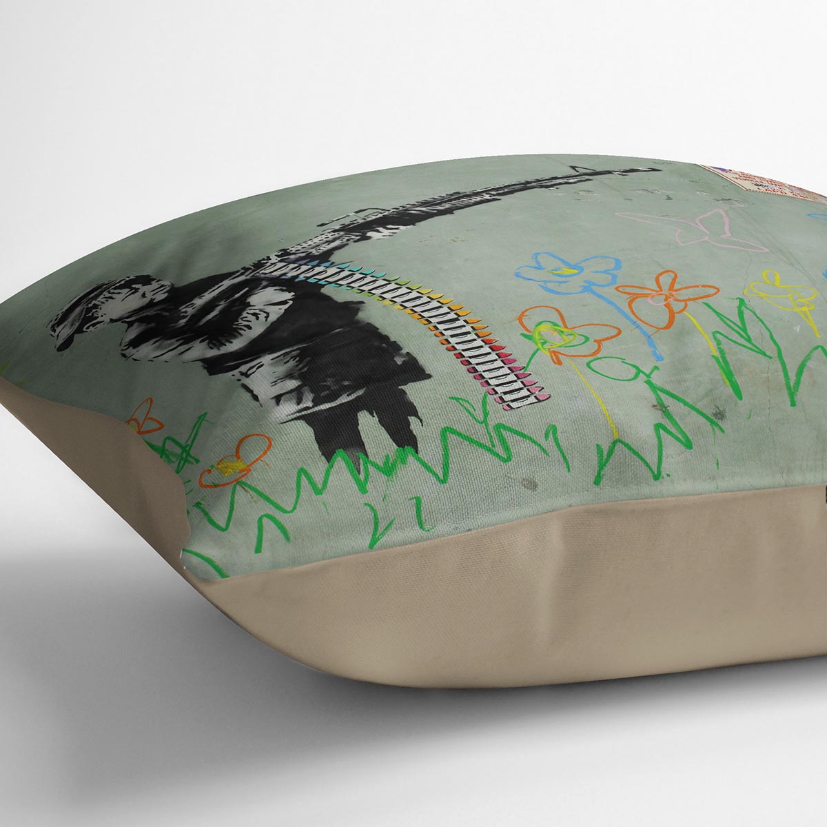 Banksy Crayon Child Soldier Cushion featuring vibrant colors and abstract design on luxurious vegan faux suede.