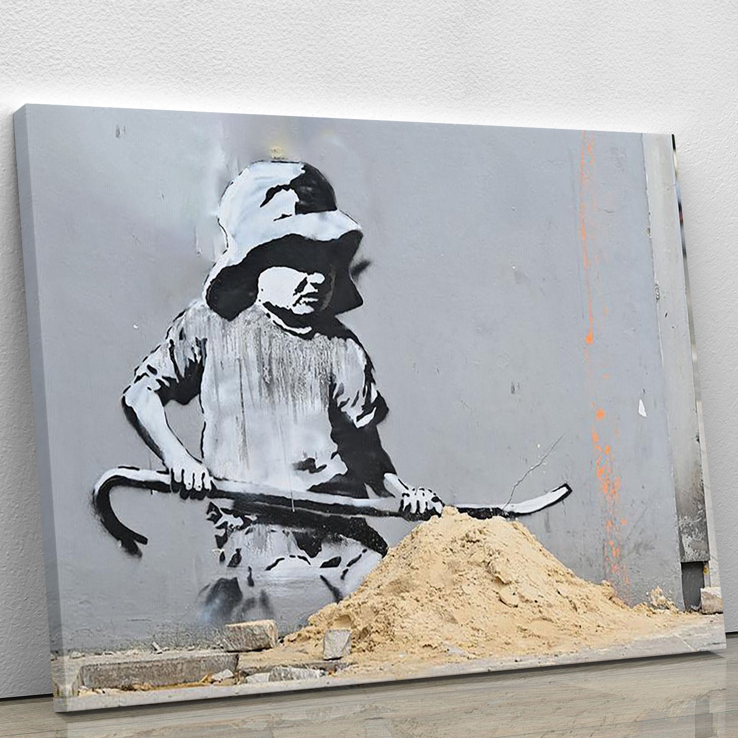 Banksy Crowbar Girl canvas print featuring a striking street art design with a girl holding a crowbar, perfect for modern decor.