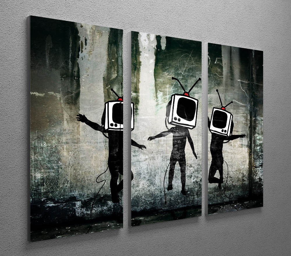 Banksy Dancing TV Heads 3-panel canvas print showcasing vibrant colors and modern art design.
