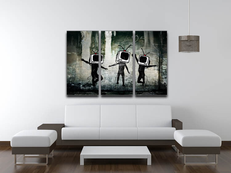 Banksy Dancing TV Heads 3-panel canvas print showcasing vibrant colors and modern art design.