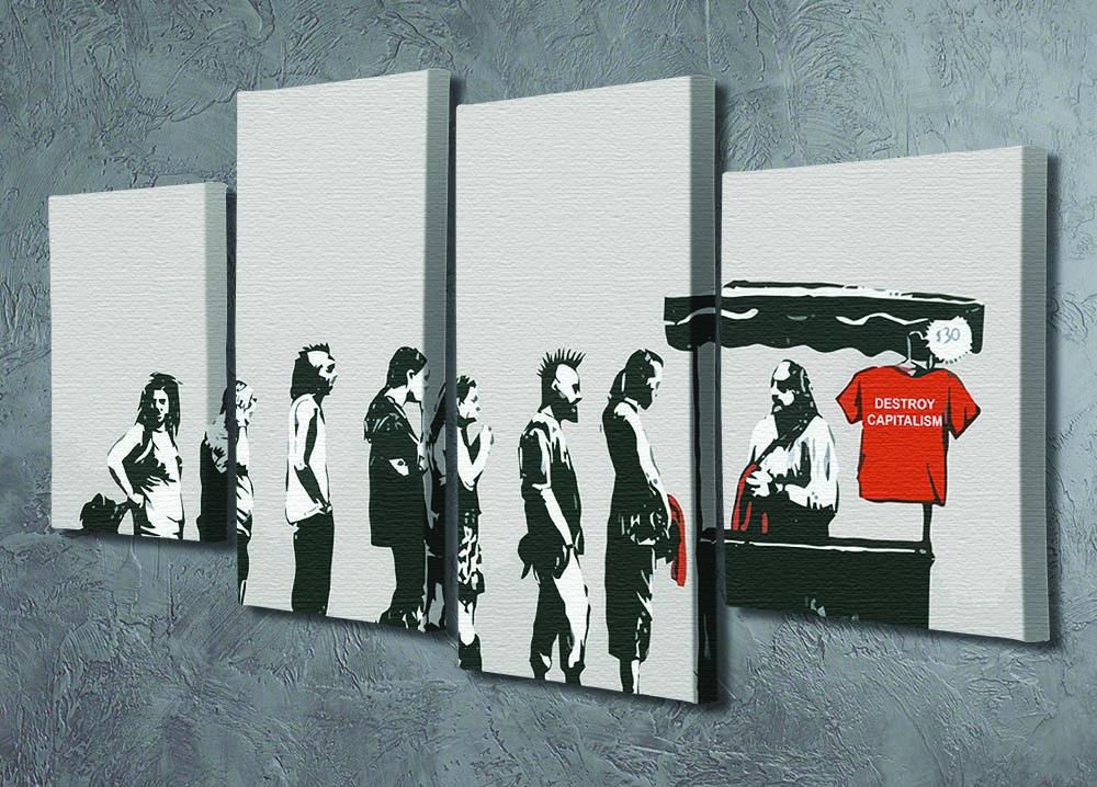 Banksy Destroy Capitalism 4 Split Panel Canvas artwork featuring a thought-provoking design divided into four sections.