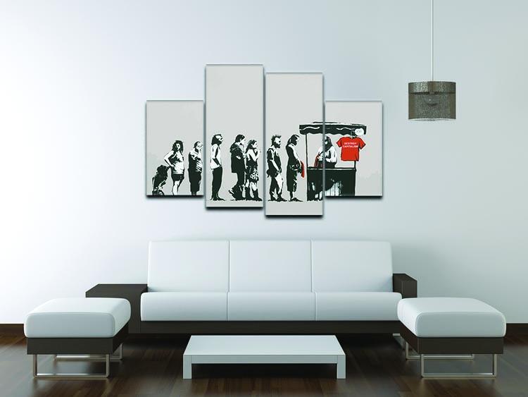 Banksy Destroy Capitalism 4 Split Panel Canvas artwork featuring a thought-provoking design divided into four sections.