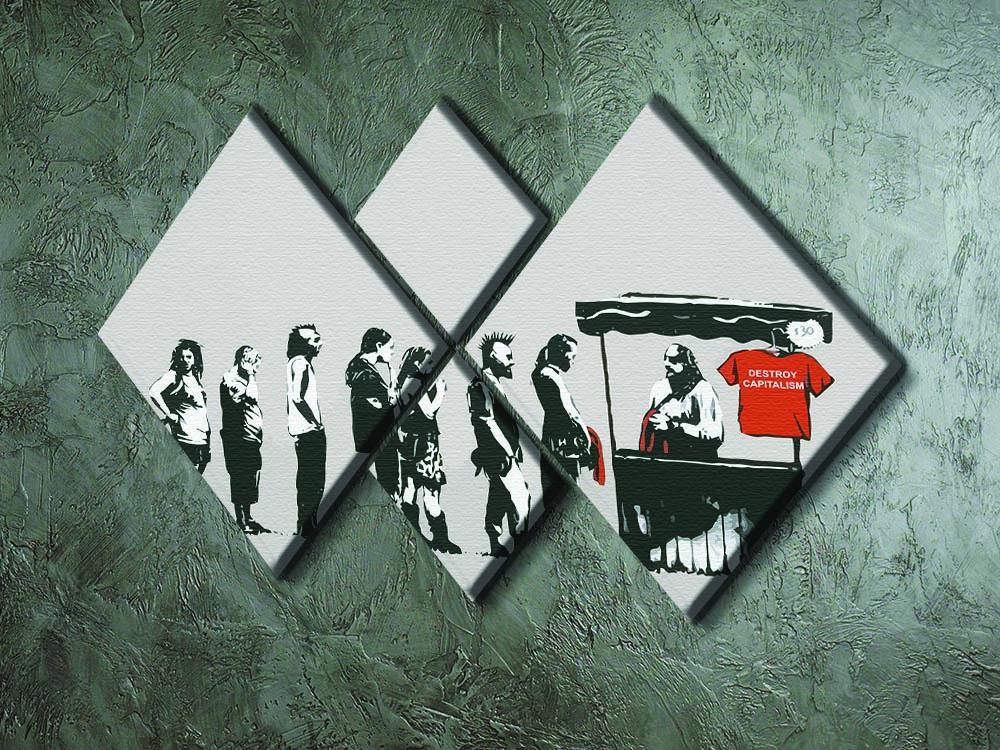 Banksy Destroy Capitalism 4 Square Multi Panel Canvas artwork featuring four equal square sections with vibrant colors and striking design.