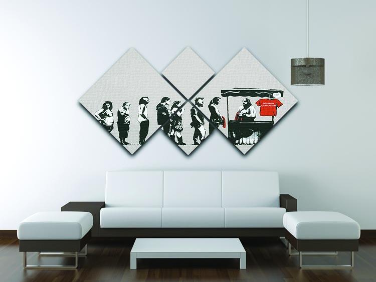Banksy Destroy Capitalism 4 Square Multi Panel Canvas artwork featuring four equal square sections with vibrant colors and striking design.