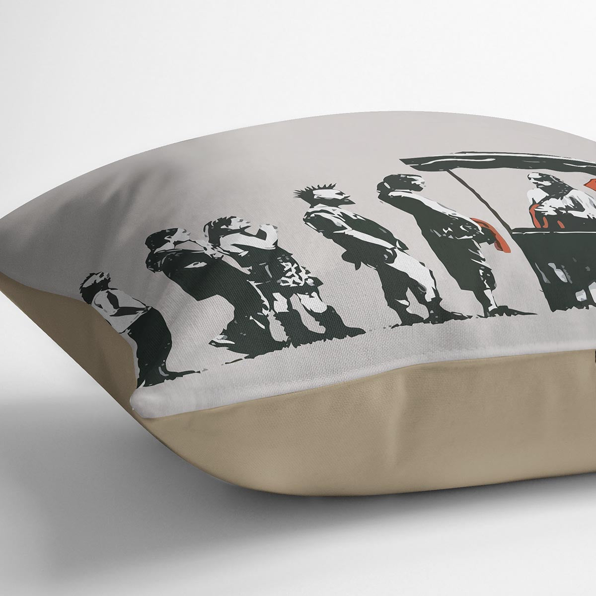 Banksy Destroy Capitalism Cushion featuring vibrant abstract design on luxurious vegan faux suede.