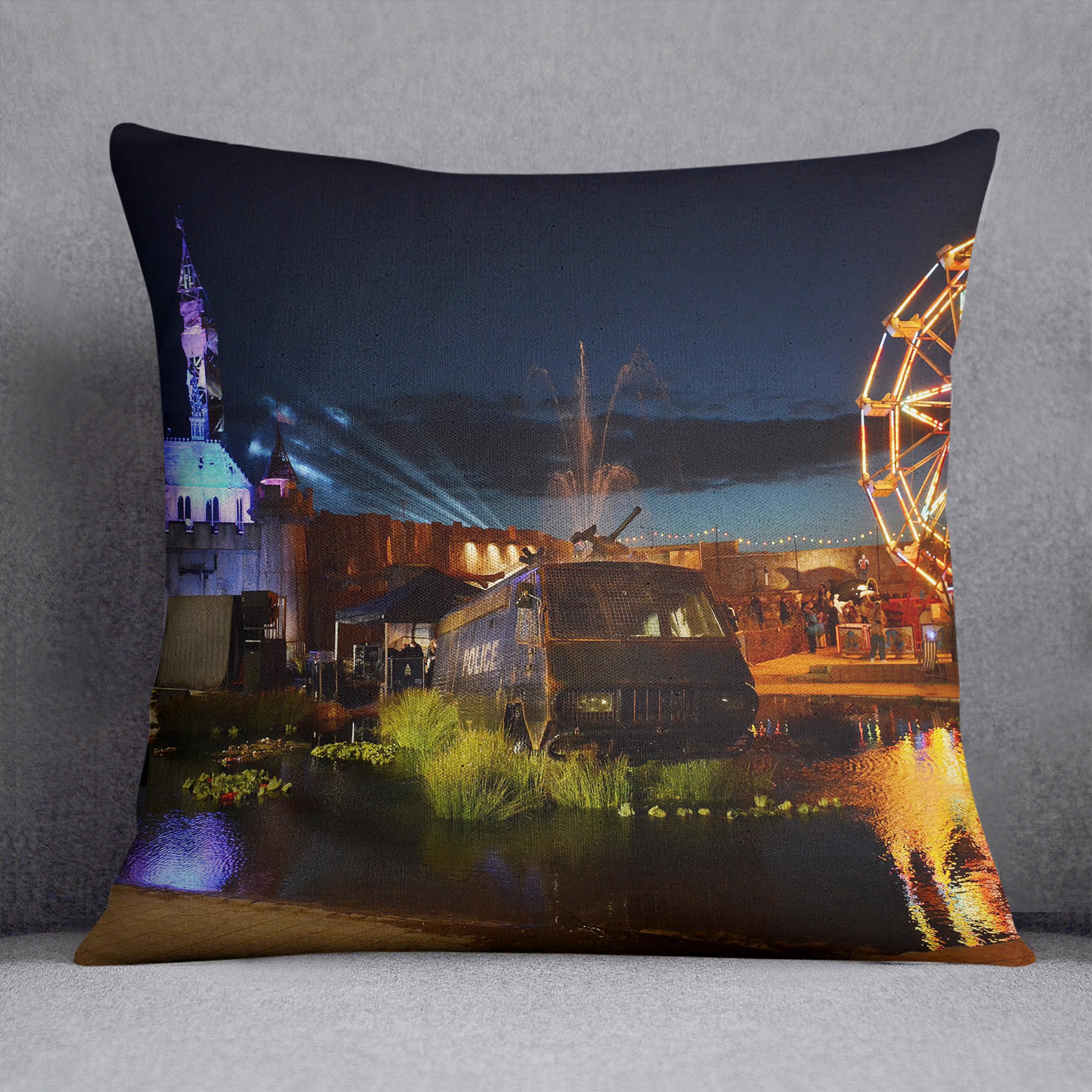 Banksy Dismaland Cushion featuring vibrant abstract design on luxurious vegan faux suede fabric.