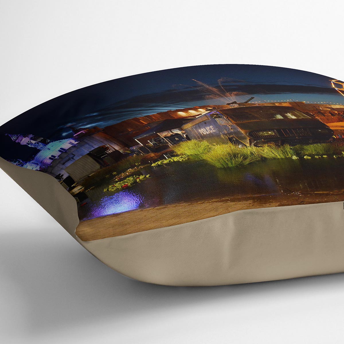 Banksy Dismaland Cushion featuring vibrant abstract design on luxurious vegan faux suede fabric.