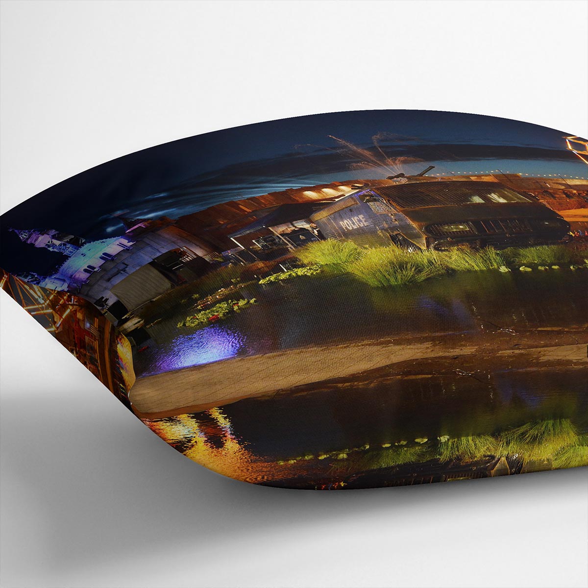 Banksy Dismaland Cushion featuring vibrant abstract design on luxurious vegan faux suede fabric.