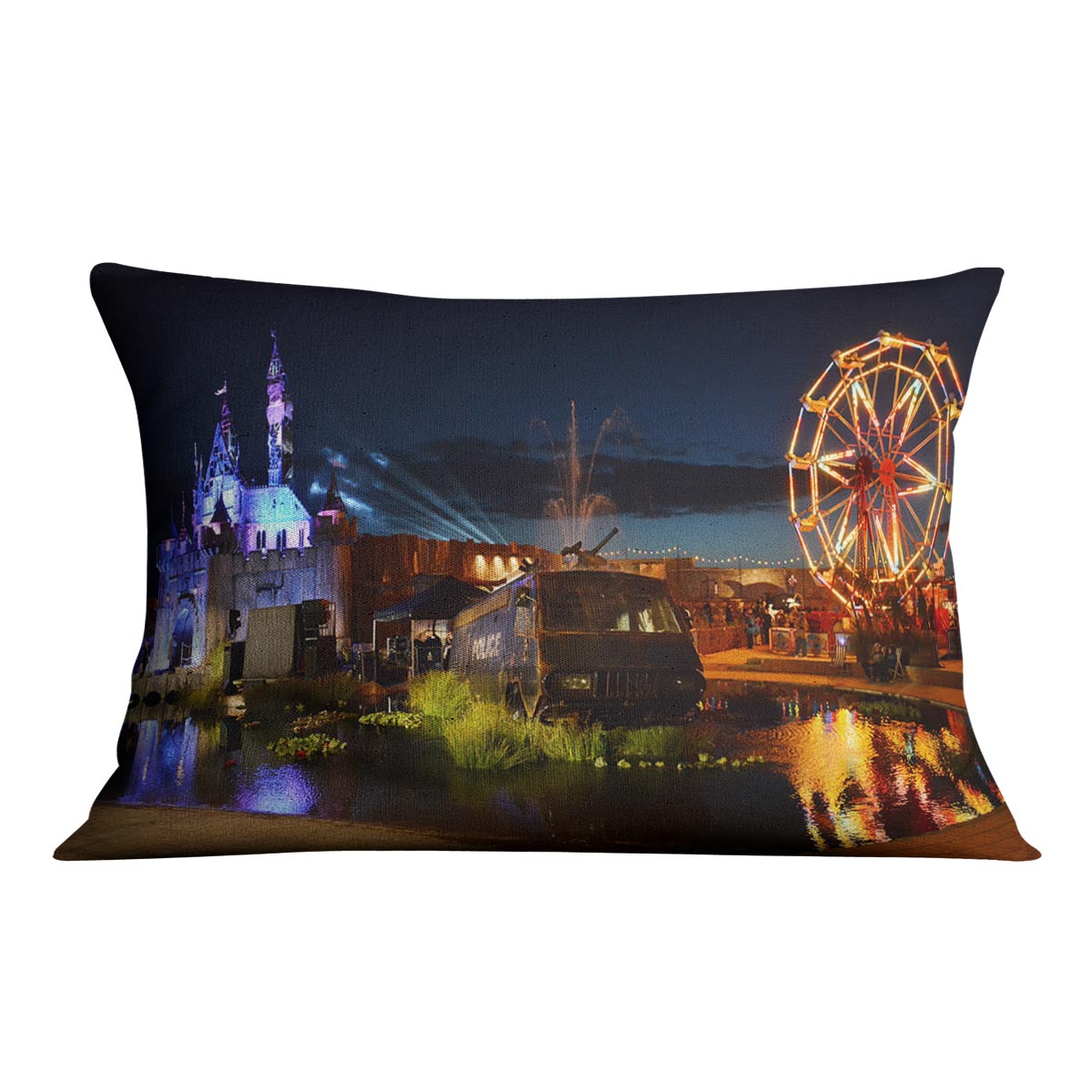Banksy Dismaland Cushion featuring vibrant abstract design on luxurious vegan faux suede fabric.