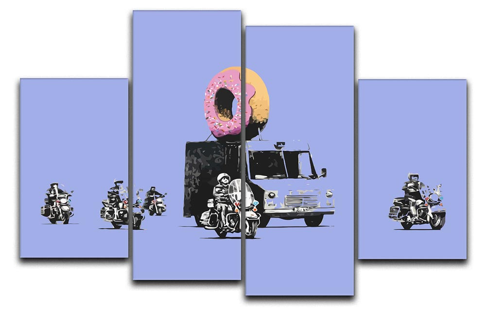 Banksy Doughnut Police Blue 4 Split Panel Canvas featuring four equal sections of vibrant street art.