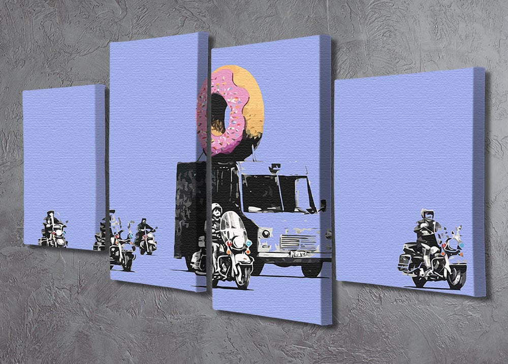 Banksy Doughnut Police Blue 4 Split Panel Canvas featuring four equal sections of vibrant street art.