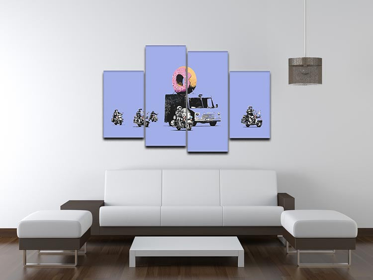 Banksy Doughnut Police Blue 4 Split Panel Canvas featuring four equal sections of vibrant street art.