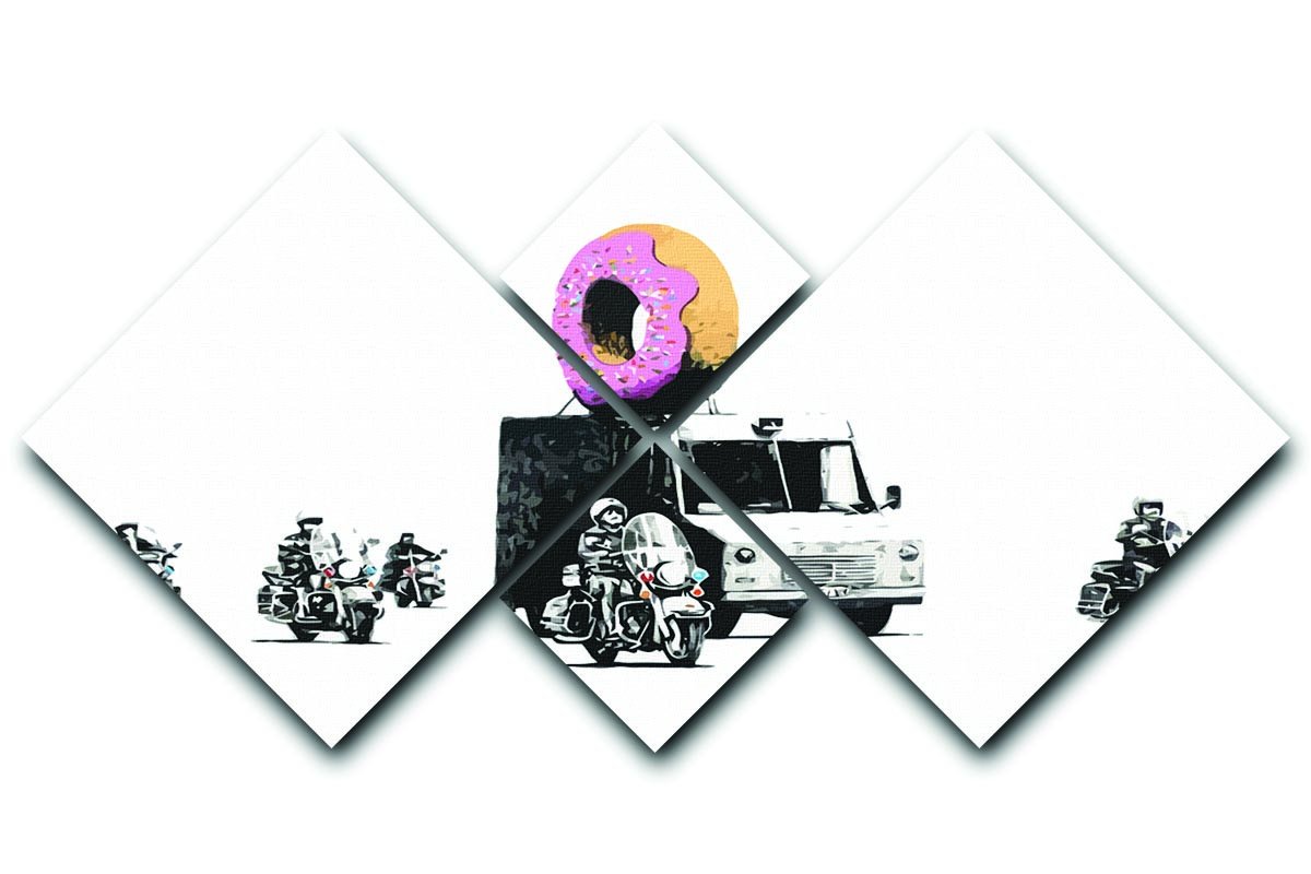 Banksy Doughnut Police Escort 4 Square Multi Panel Canvas artwork featuring four panels with vibrant colors and intricate details.