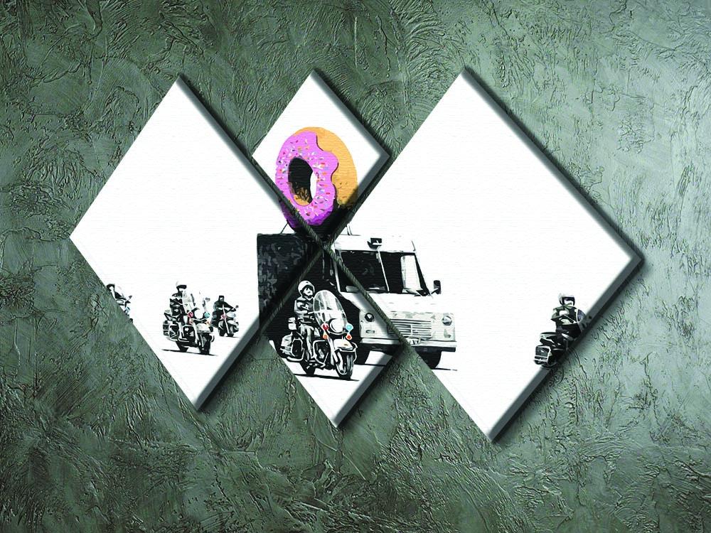 Banksy Doughnut Police Escort 4 Square Multi Panel Canvas artwork featuring four panels with vibrant colors and intricate details.