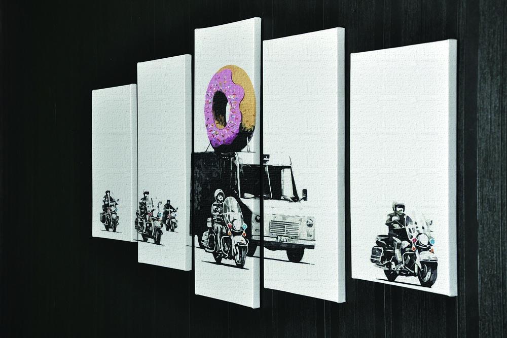 Banksy Doughnut Police Escort artwork displayed on a 5-split panel canvas, showcasing vibrant colors and dynamic design.