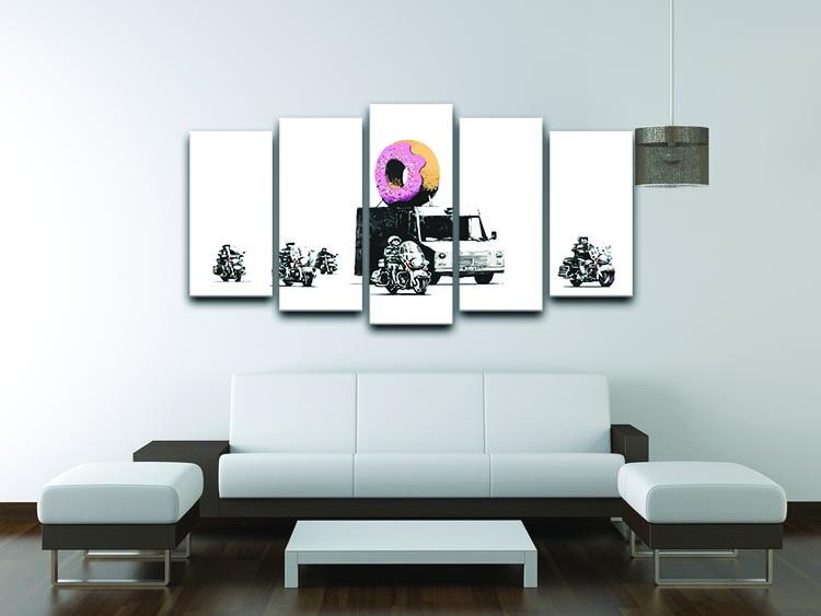 Banksy Doughnut Police Escort artwork displayed on a 5-split panel canvas, showcasing vibrant colors and dynamic design.