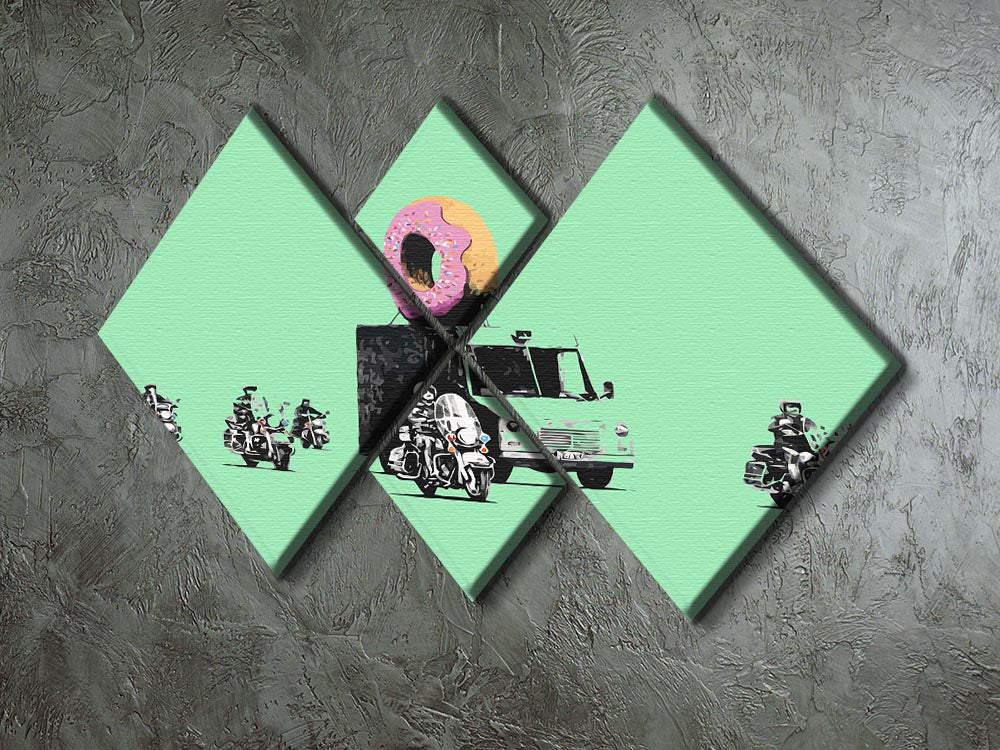 Banksy Doughnut Police Green 4 Square Multi Panel Canvas artwork featuring four panels with vibrant green colors and playful police imagery.