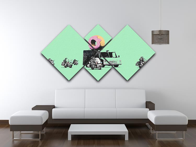 Banksy Doughnut Police Green 4 Square Multi Panel Canvas artwork featuring four panels with vibrant green colors and playful police imagery.