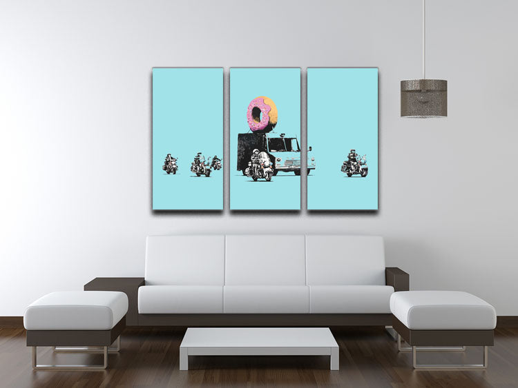Banksy Doughnut Police Light Blue 3 Split Panel Canvas Print showcasing vibrant colors and modern art style.