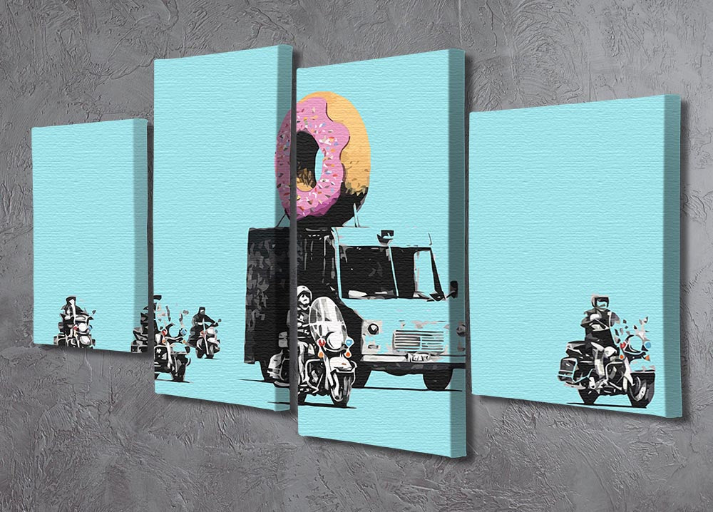 Banksy Doughnut Police Light Blue 4 Split Panel Canvas artwork featuring a playful police theme in light blue tones.