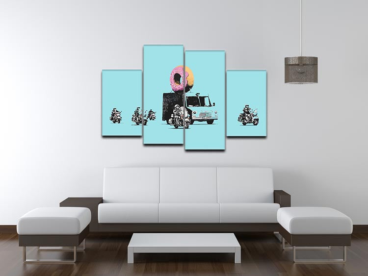 Banksy Doughnut Police Light Blue 4 Split Panel Canvas artwork featuring a playful police theme in light blue tones.