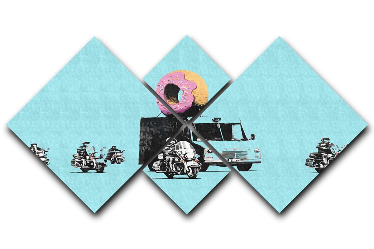 Banksy Doughnut Police Light Blue 4 Square Multi Panel Canvas artwork featuring four equal panels with a vibrant design.