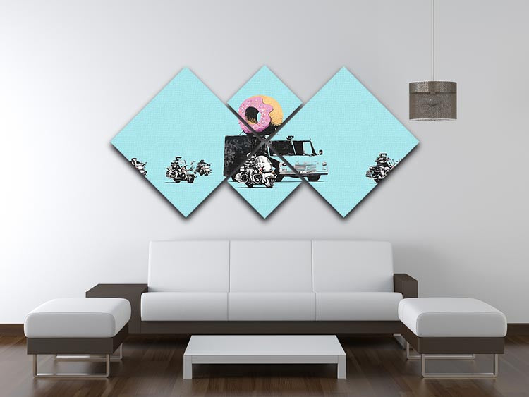 Banksy Doughnut Police Light Blue 4 Square Multi Panel Canvas artwork featuring four equal panels with a vibrant design.