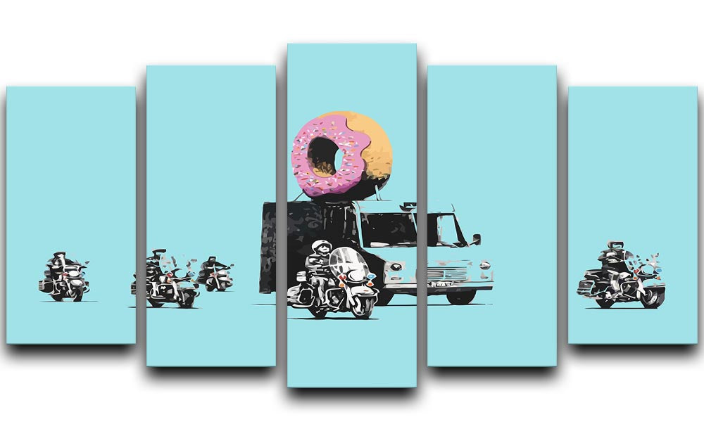 Banksy Doughnut Police Light Blue 5 Split Panel Canvas artwork featuring vibrant colors and a unique split design.