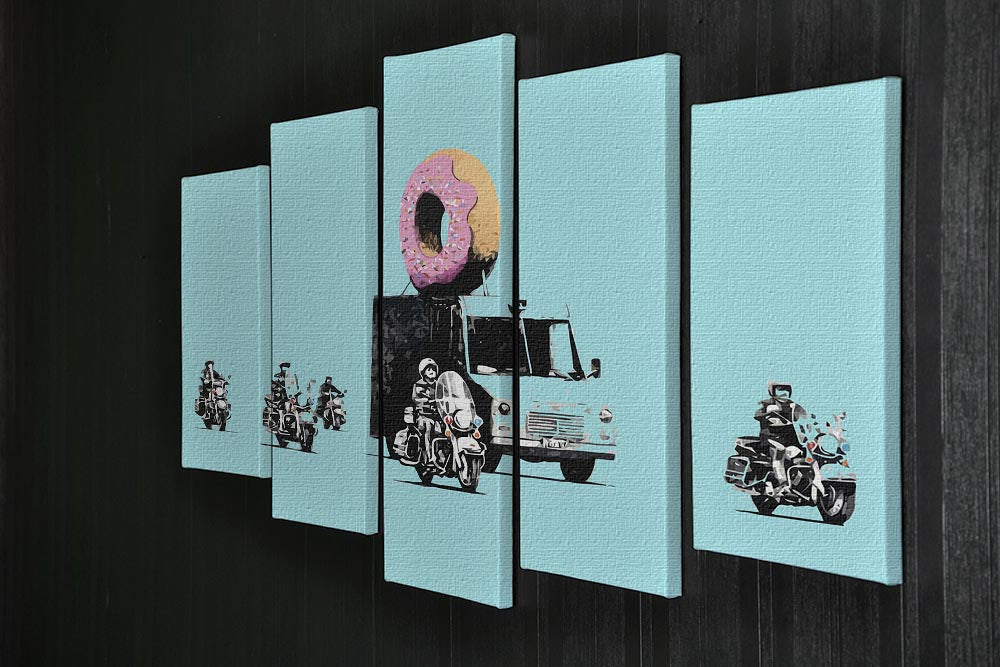 Banksy Doughnut Police Light Blue 5 Split Panel Canvas artwork featuring vibrant colors and a unique split design.