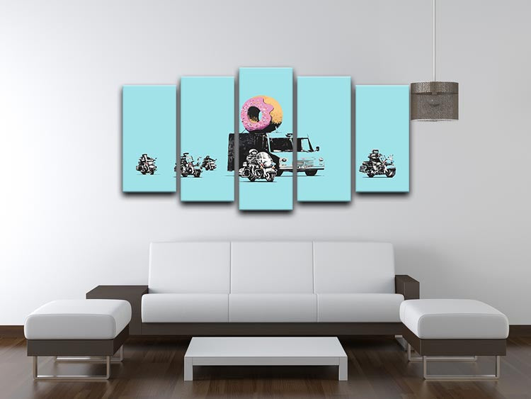 Banksy Doughnut Police Light Blue 5 Split Panel Canvas artwork featuring vibrant colors and a unique split design.