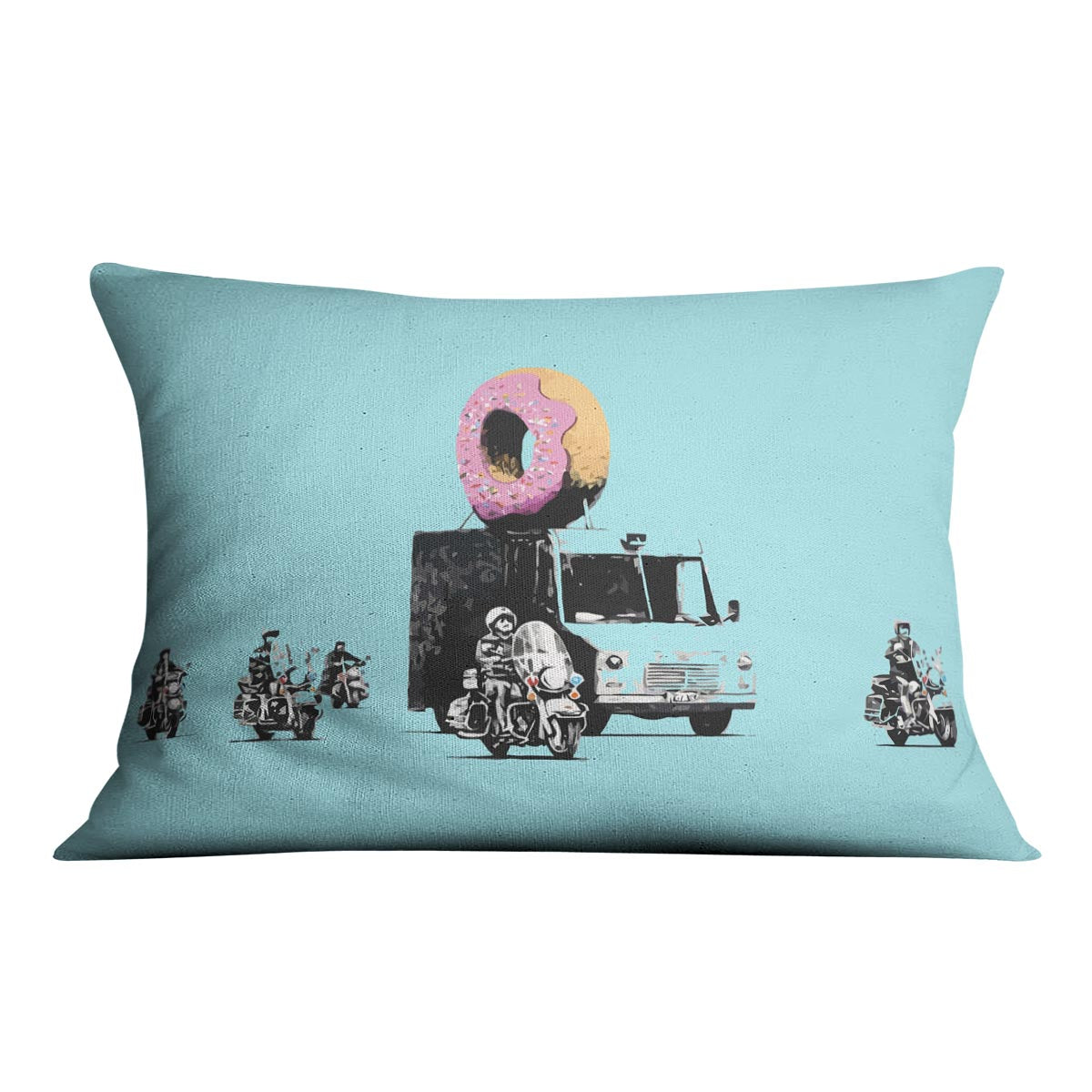 Banksy Doughnut Police Light Blue Cushion featuring vibrant abstract design on luxurious vegan faux suede.
