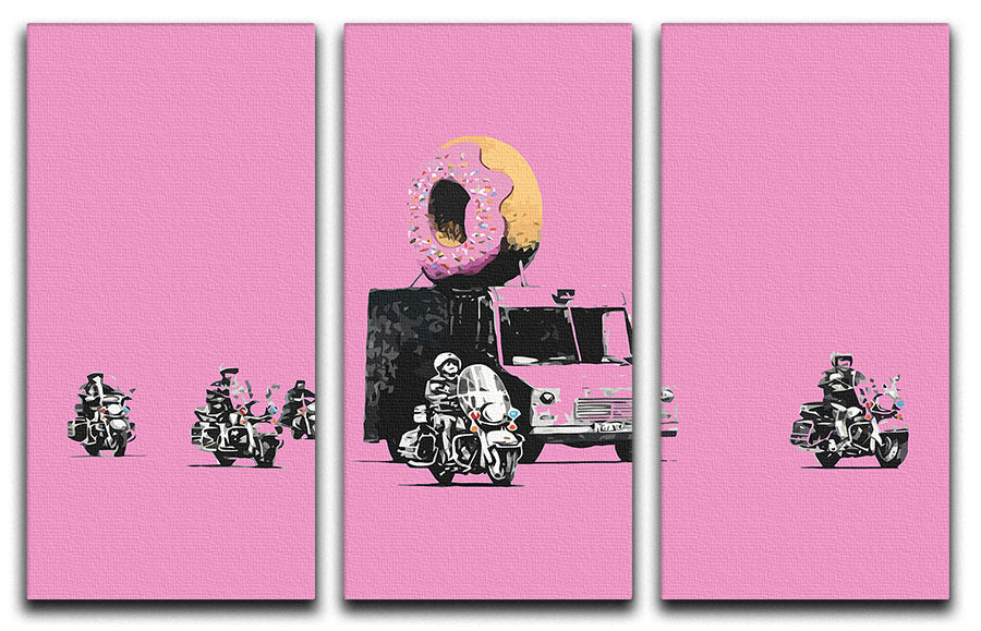 Banksy Doughnut Police Pink 3 Split Panel Canvas Print featuring vibrant colors and modern art design, perfect for home decor.