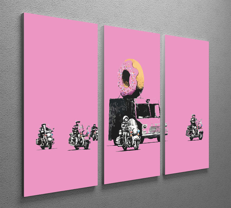Banksy Doughnut Police Pink 3 Split Panel Canvas Print featuring vibrant colors and modern art design, perfect for home decor.