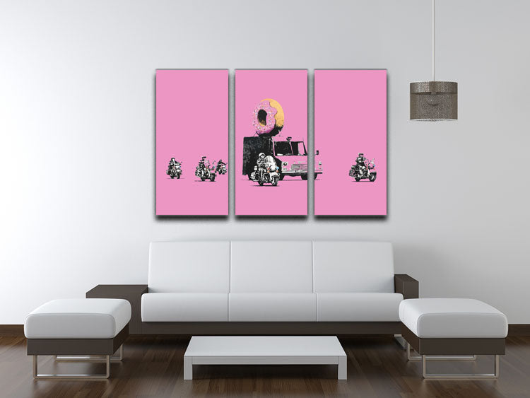 Banksy Doughnut Police Pink 3 Split Panel Canvas Print featuring vibrant colors and modern art design, perfect for home decor.