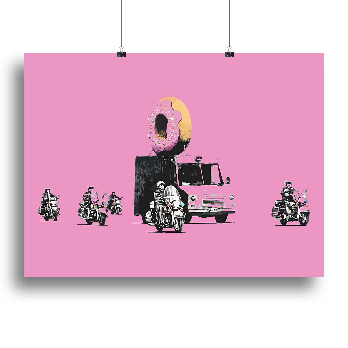 Banksy Doughnut Police Pink Canvas Print featuring a playful police figure with a doughnut, vibrant pink background.