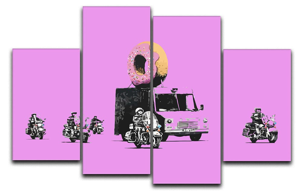 Banksy Doughnut Police Purple 4 Split Panel Canvas artwork featuring vibrant colors and a unique split design.