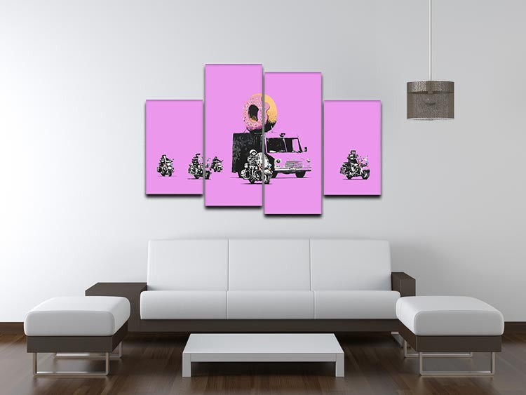 Banksy Doughnut Police Purple 4 Split Panel Canvas artwork featuring vibrant colors and a unique split design.
