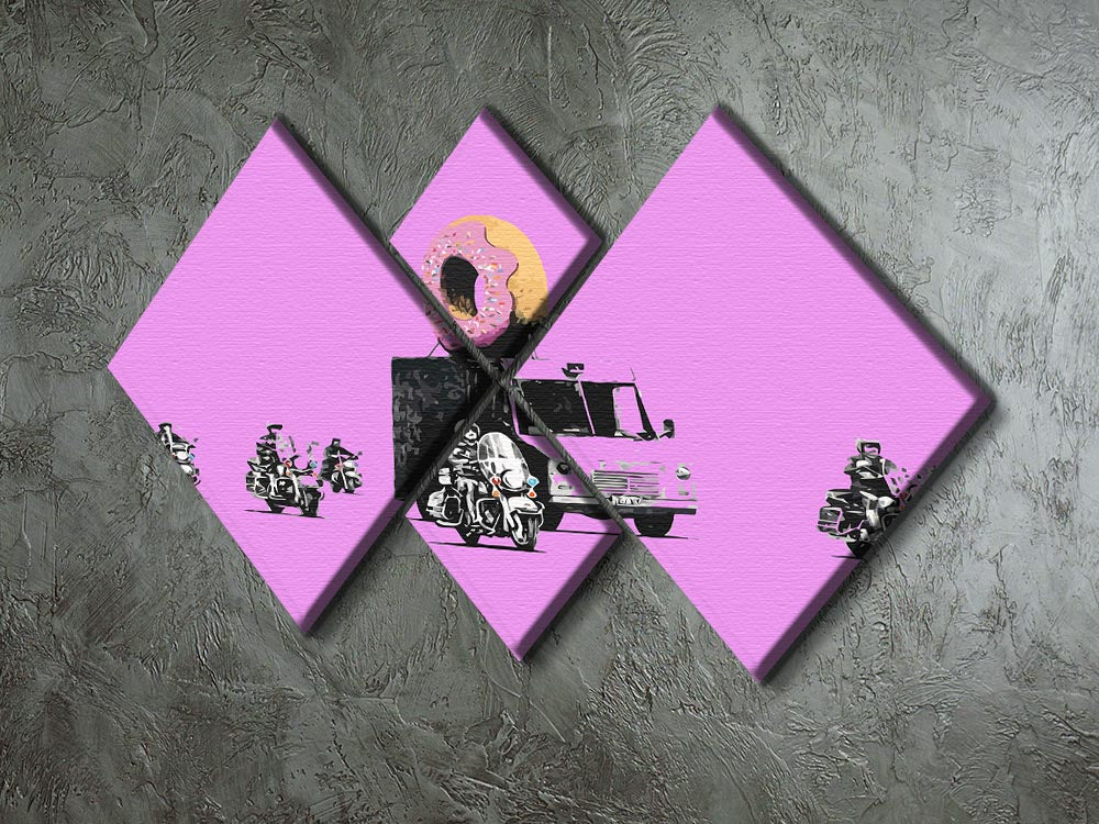Banksy Doughnut Police Purple 4 Square Multi Panel Canvas artwork featuring vibrant purple colors and a unique street art design.