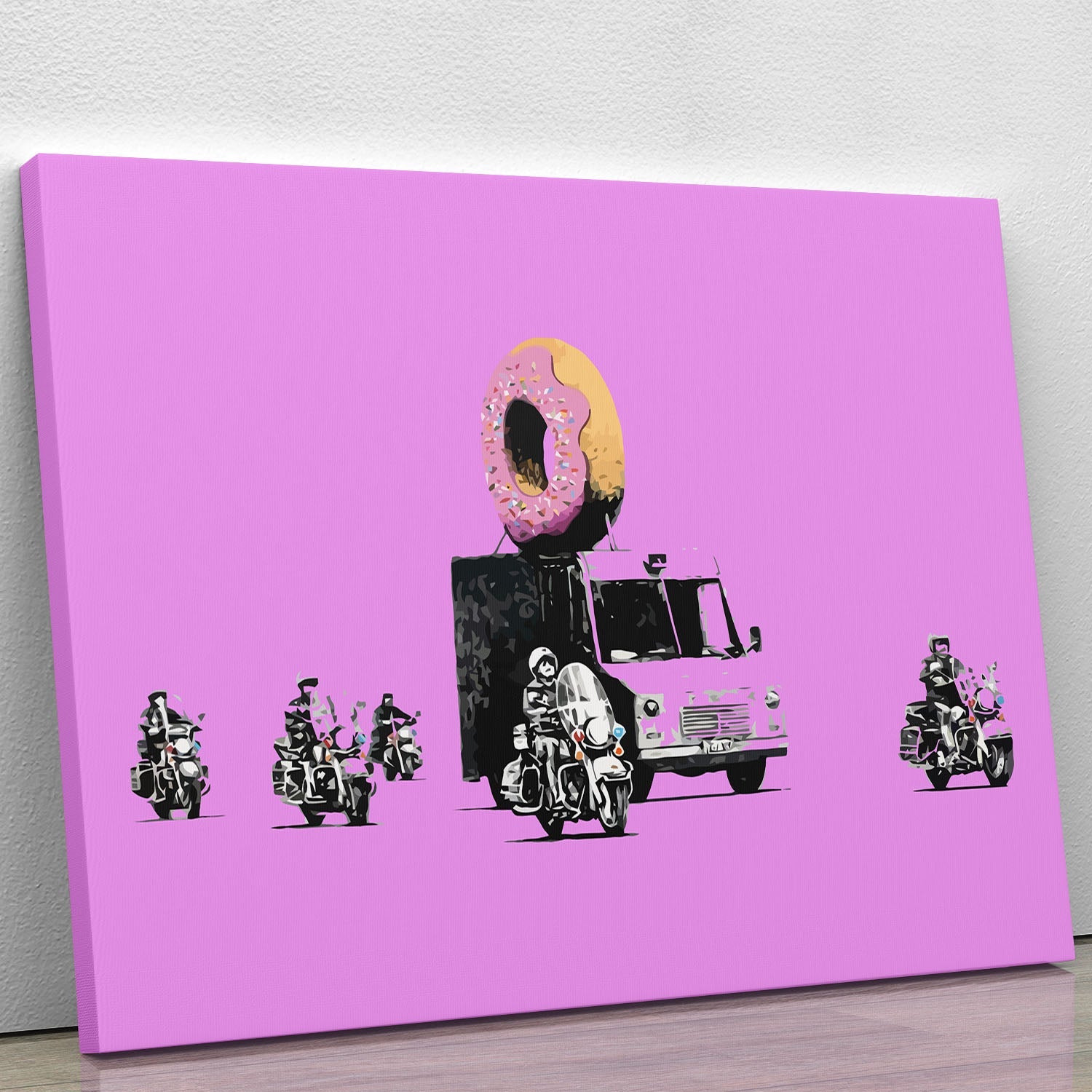Banksy Doughnut Police Purple Canvas Print showcasing vibrant colors and playful street art design.