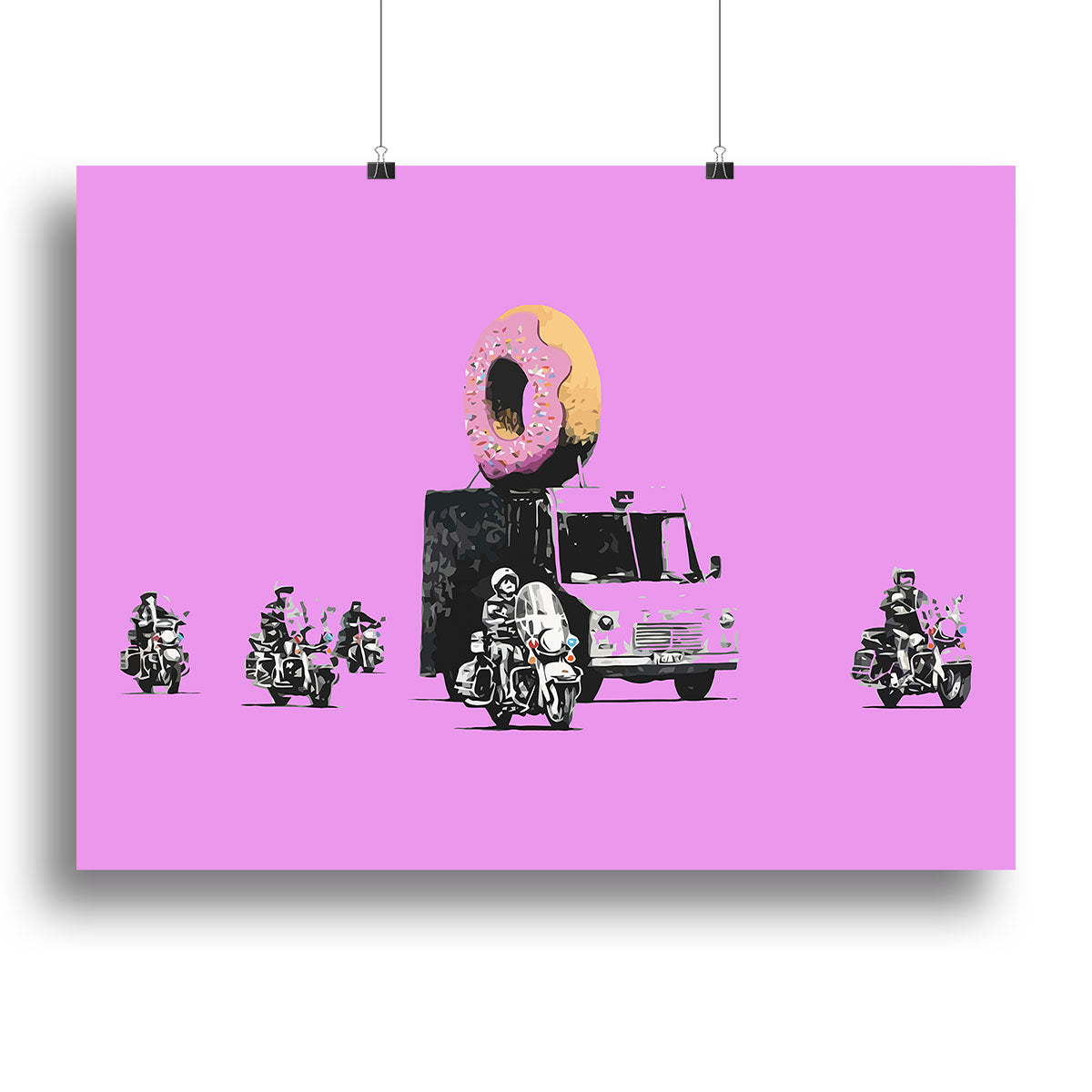 Banksy Doughnut Police Purple Canvas Print showcasing vibrant colors and playful street art design.