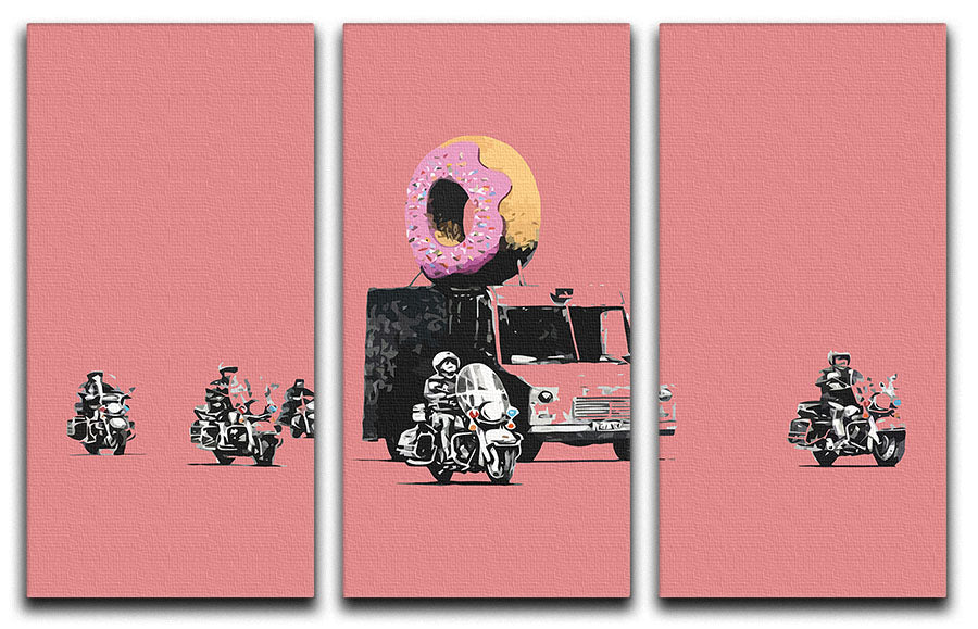 Banksy Doughnut Police Red 3 Split Panel Canvas Print showcasing vibrant colors and modern art design.