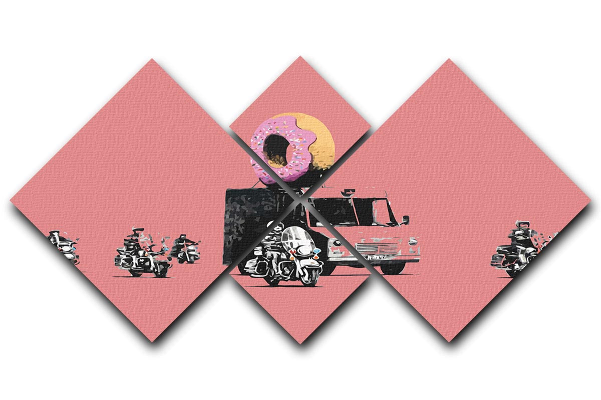Banksy Doughnut Police Red 4 Square Multi Panel Canvas artwork featuring vibrant red colors and a unique design divided into four panels.