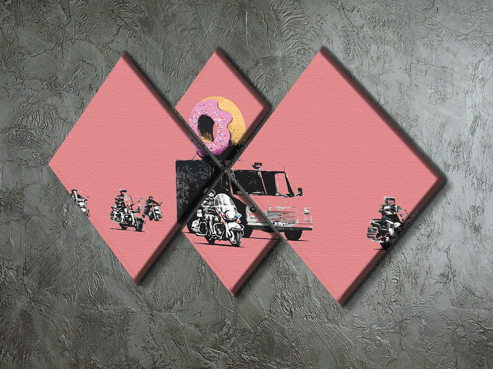 Banksy Doughnut Police Red 4 Square Multi Panel Canvas artwork featuring vibrant red colors and a unique design divided into four panels.